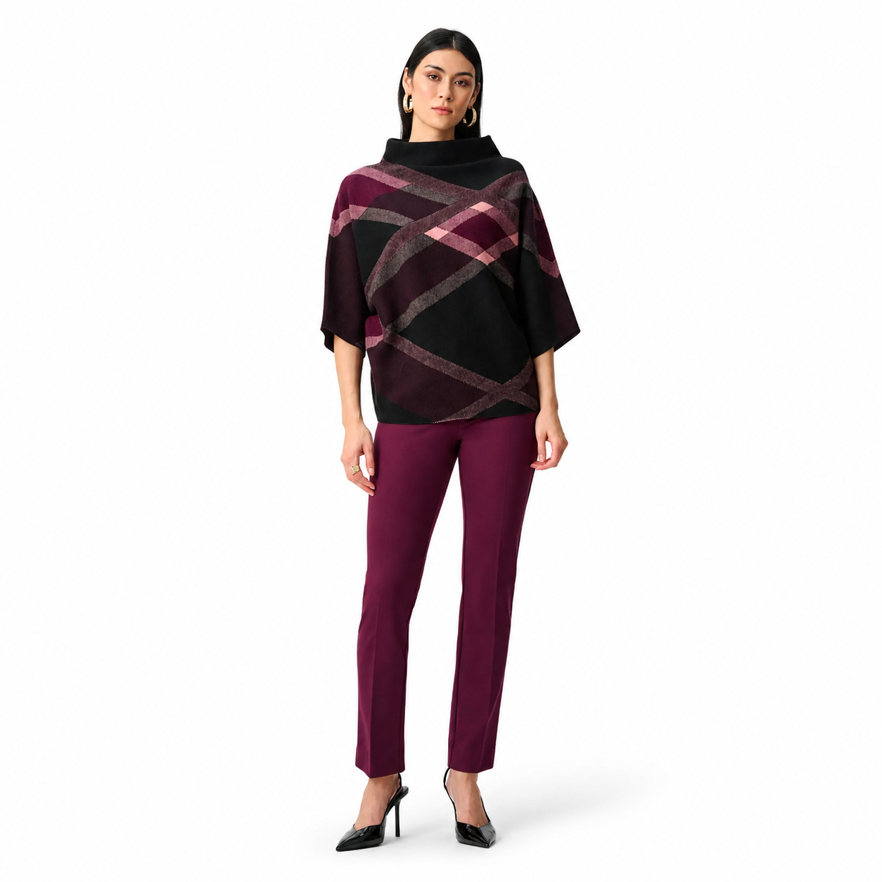 Joseph Ribkoff Brushed Viscose And Nylon Plaid Funnel-Neck Sweater