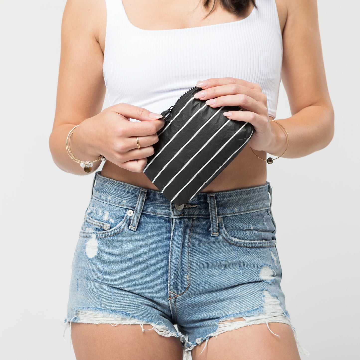 Aloha Mini Pinstripe Pouch in White on Black Aloha