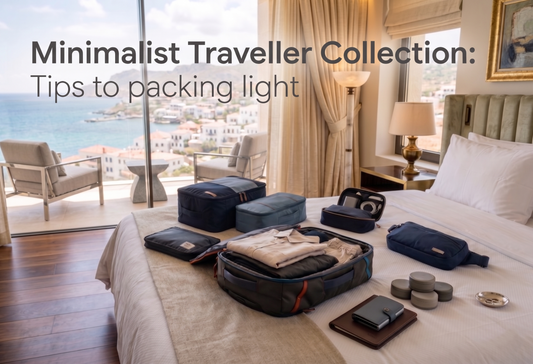 Minimalist travel gear arranged on a hotel bed in a bright coastal room, with packing cubes, a compact travel bag, folded clothing, and small accessories set beside floor-to-ceiling windows overlooking a seaside destination.