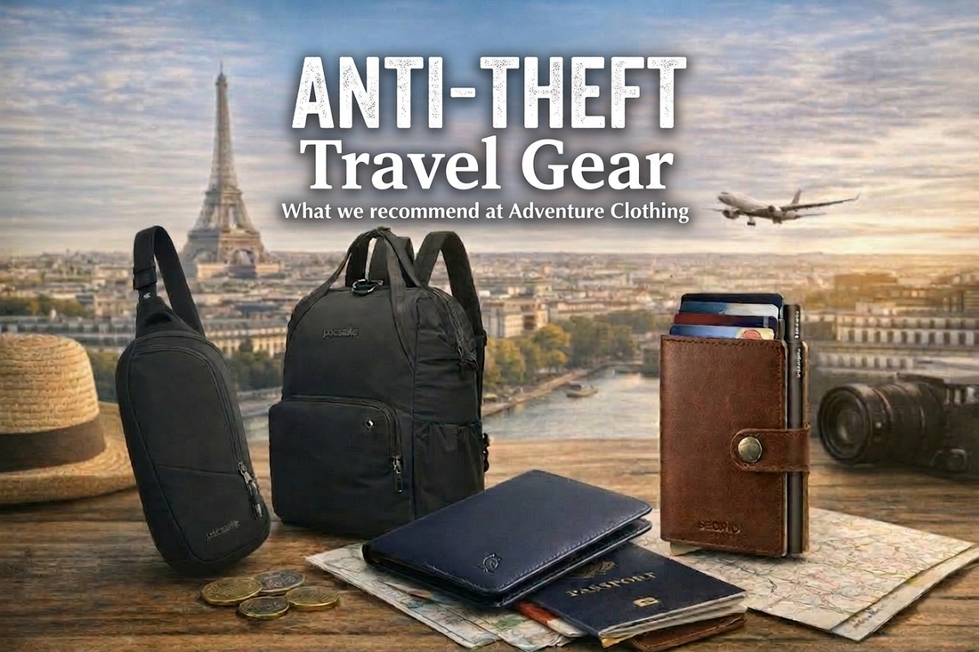 Products: Pacsafe Citysafe CX and Vibe 150, Bellroy cover, Secrid wallet, set against a Paris background.