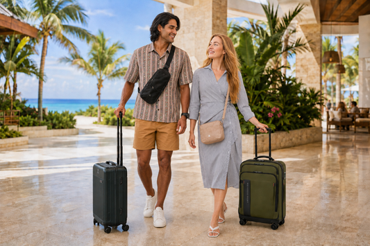 Two travellers walk through a tropical resort with Briggs & Riley Carry-On bags and Pacsafe personal bags.