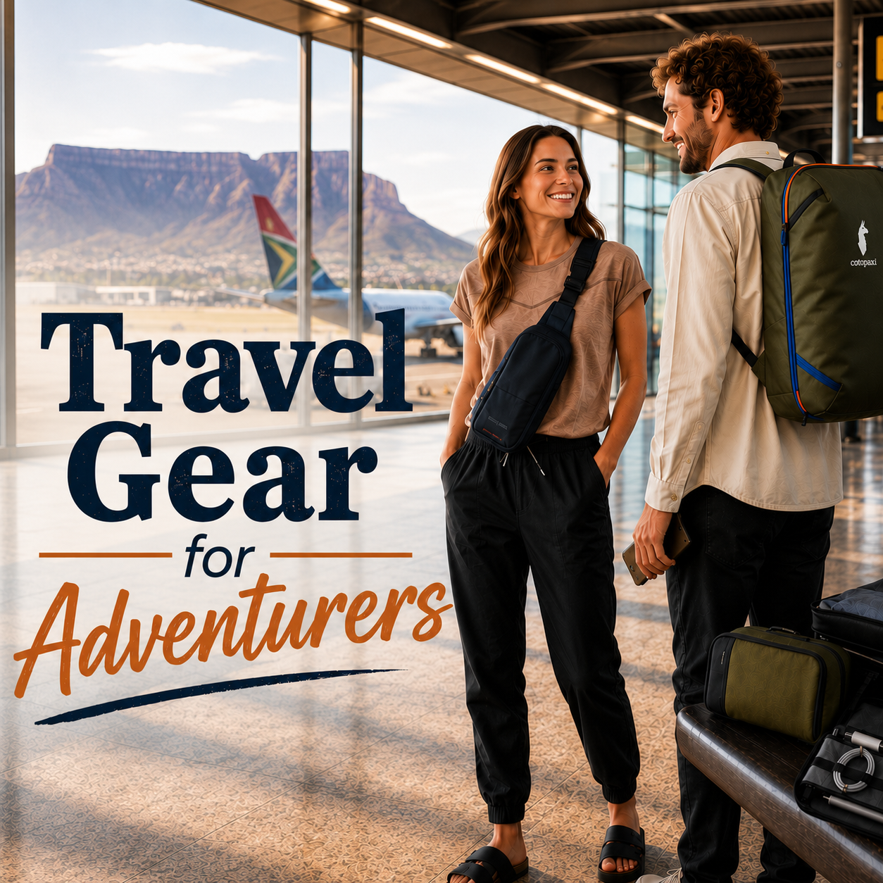 Travelling couple at an airport wearing a Cotopaxi backpack and anti-theft sling beside organized travel gear, with “Travel Gear for Adventurers” text.