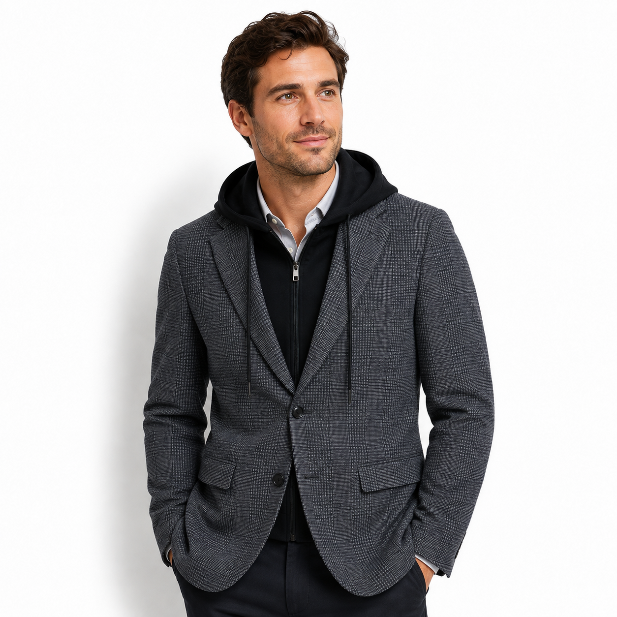 Soul of London Detachable-Collar Hooded Blazer - Charcoal