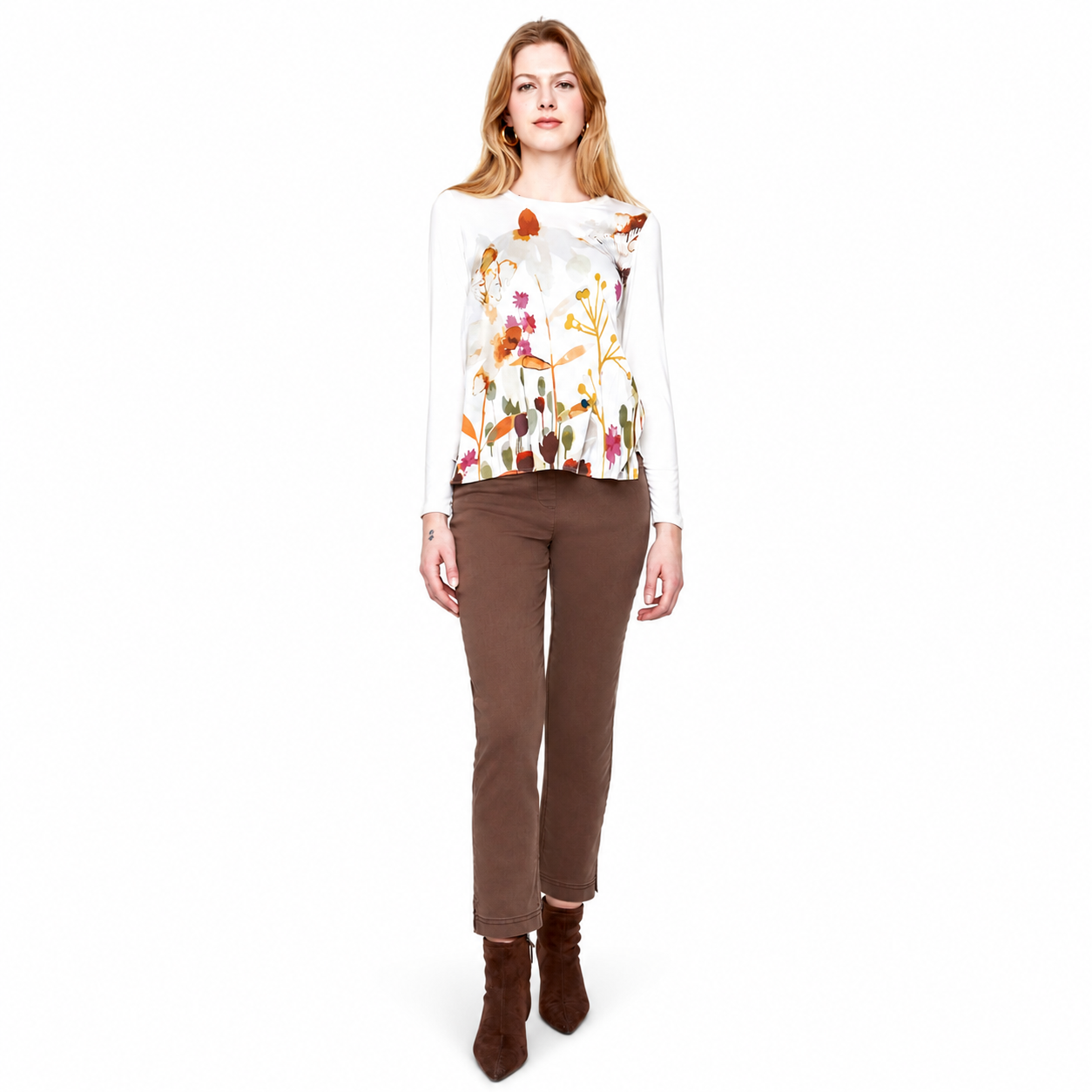Renuar Fall Floral Mixed Media Long Sleeve Top
