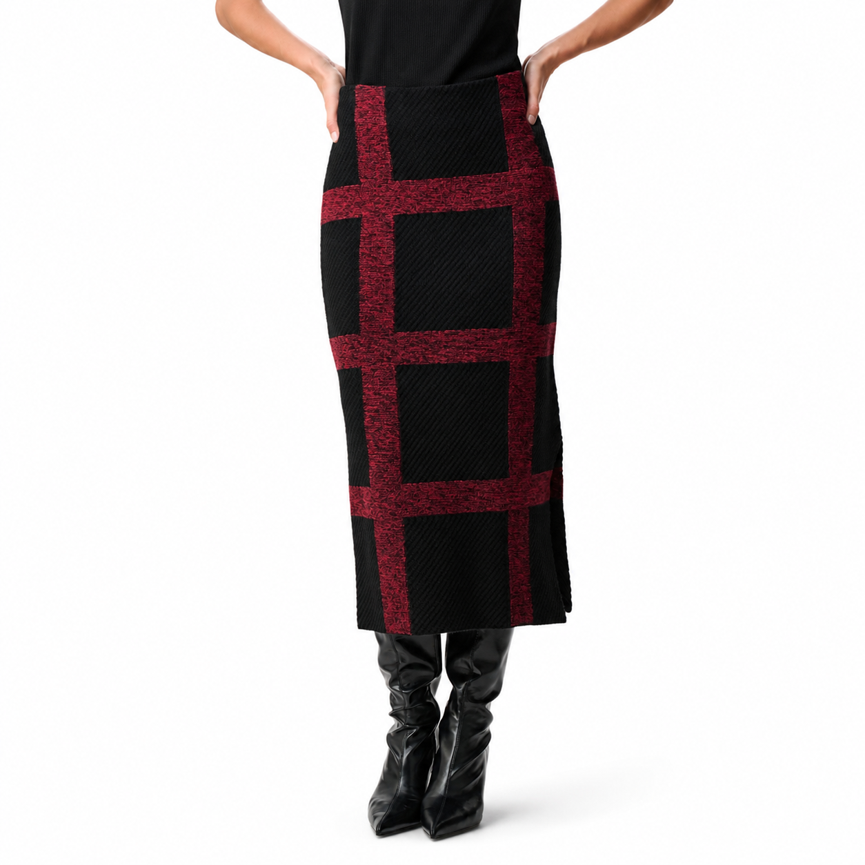 Joseph Ribkoff Brushed Viscose And Nylon Knit Plaid Pencil Skirt