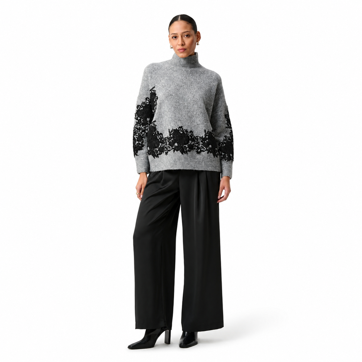 Joseph Ribkoff Lace Applique Mock Neck Sweater