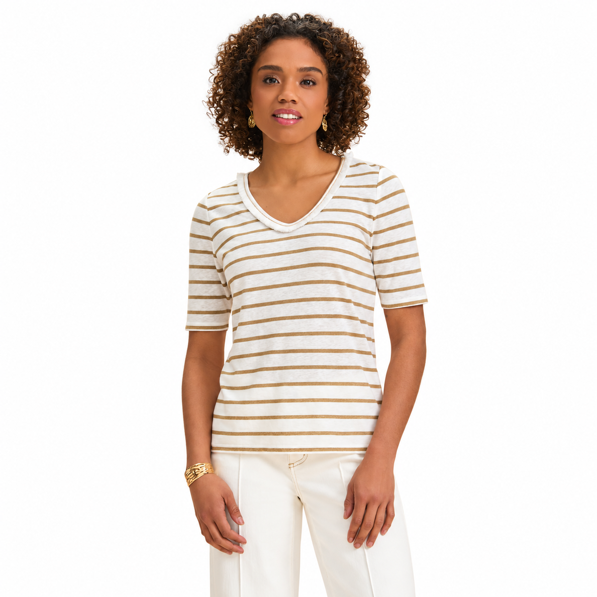 FDJ Elbow Sleeve Fringed Neck Top