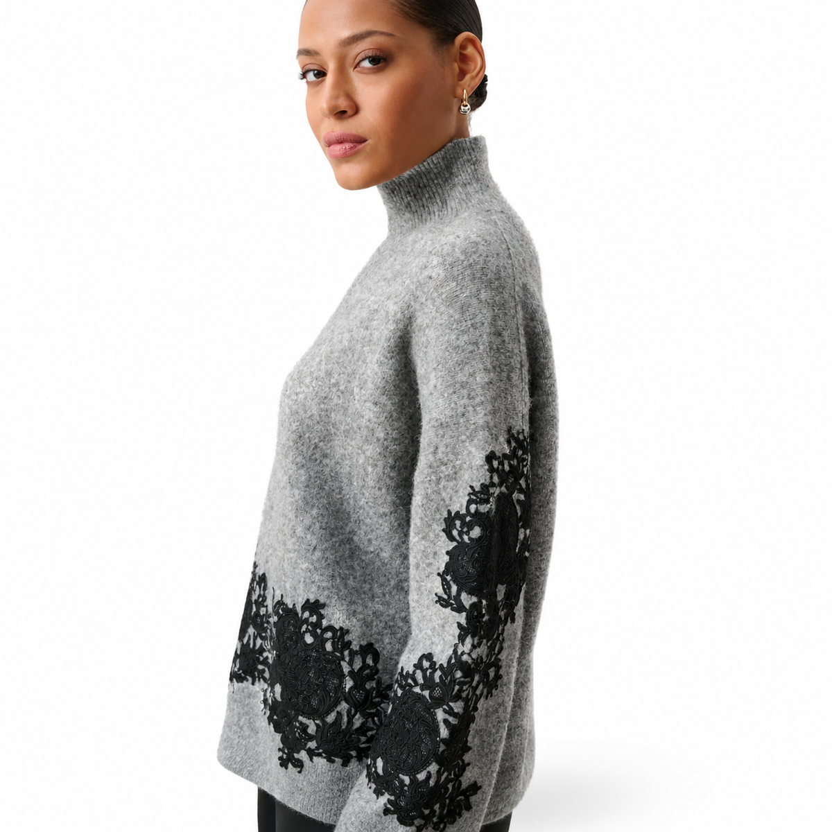 Joseph Ribkoff Lace Applique Mock Neck Sweater