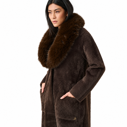 Joseph Ribkoff Feather Yarn Knit Coat With Detachable Faux Fur Collar Style 263973