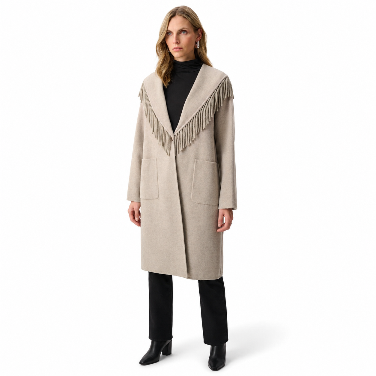 Joseph Ribkoff Wool Blend Shawl Collar Fringed Coat Style 263912
