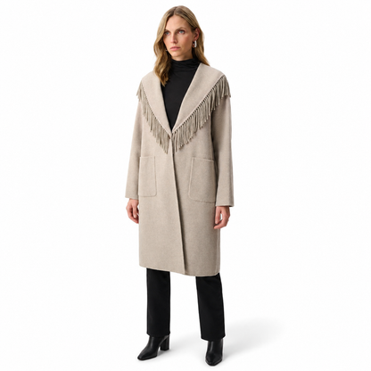 Joseph Ribkoff Wool Blend Shawl Collar Fringed Coat Style 263912