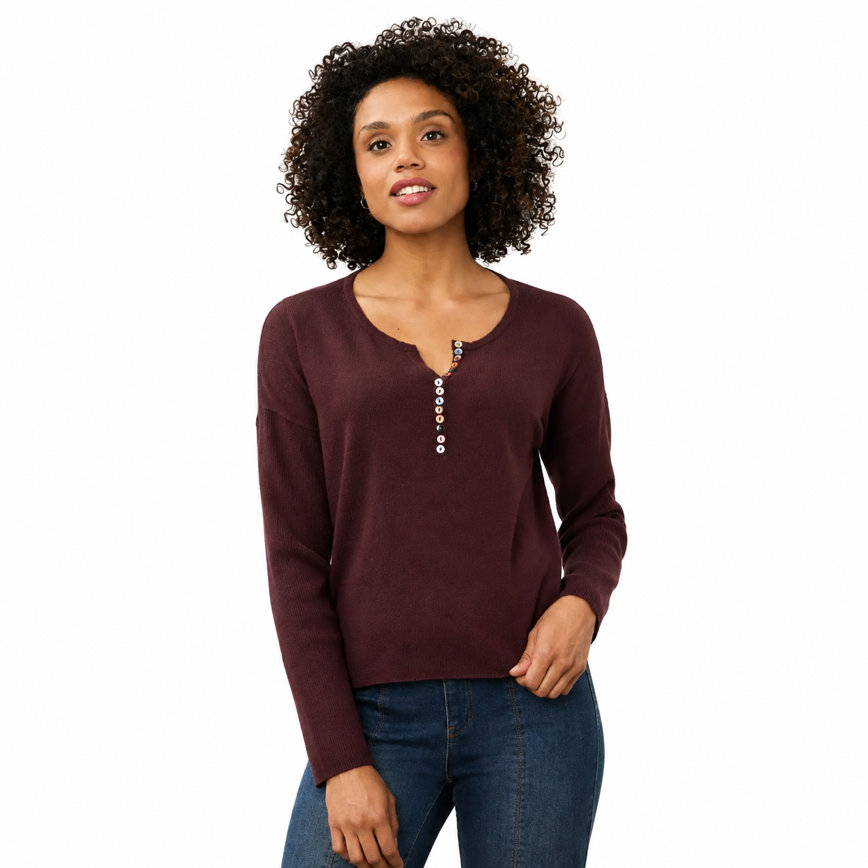 FDJ Notch Neck Rib Sleeve Sweater