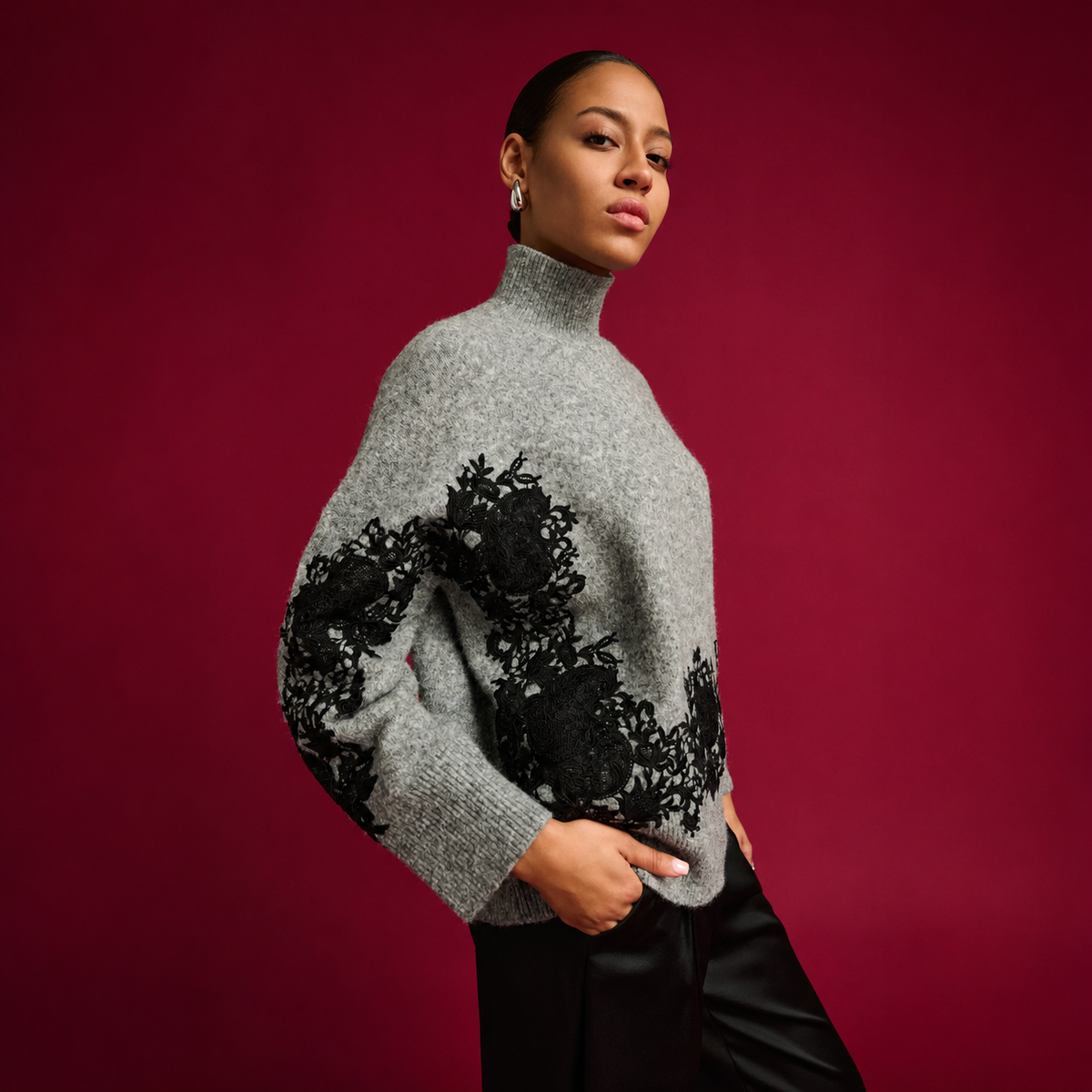 Joseph Ribkoff Lace Applique Mock Neck Sweater