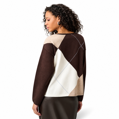 Joseph Ribkoff Brushed Viscose Knit Argyle Pattern Crewneck Sweater