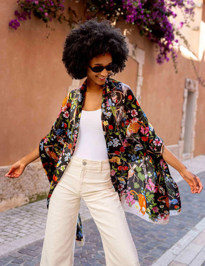 FRAAS Silk Animal and Plant Print Shawl