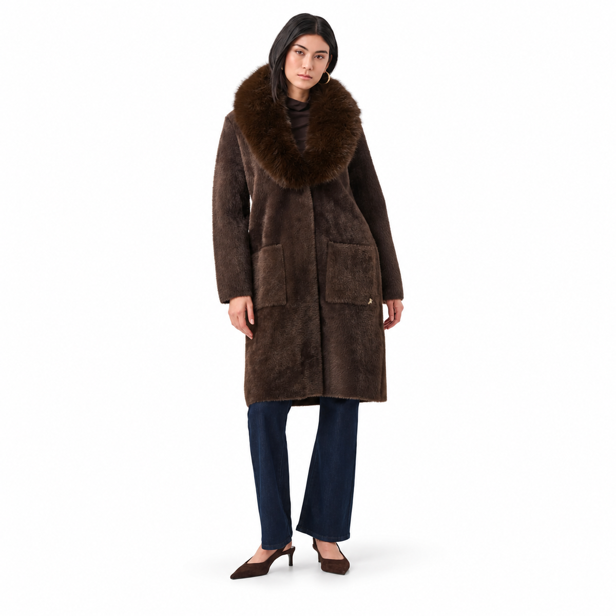 Joseph Ribkoff Feather Yarn Knit Coat With Detachable Faux Fur Collar Style 263973