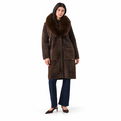 Joseph Ribkoff Feather Yarn Knit Coat With Detachable Faux Fur Collar Style 263973