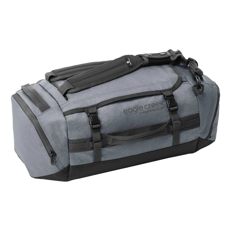 A gray Eagle Creek Cargo Hauler Duffel 40L with multiple zippered compartments and carrying straps.