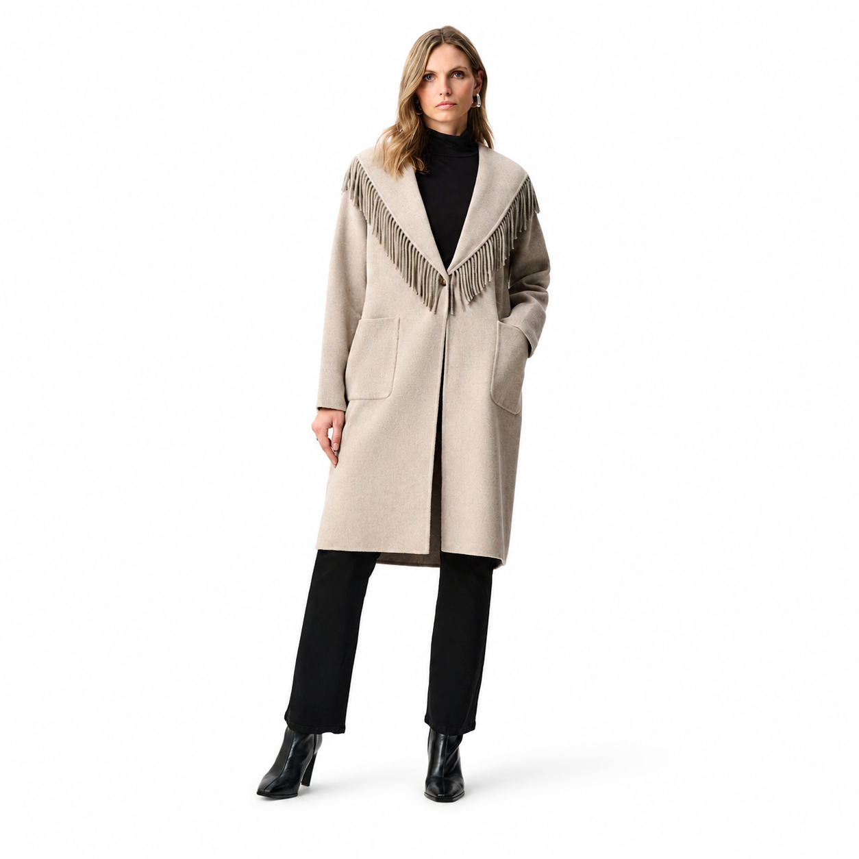 Joseph Ribkoff Wool Blend Shawl Collar Fringed Coat Style 263912