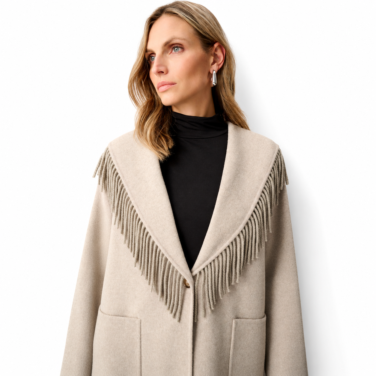 Joseph Ribkoff Wool Blend Shawl Collar Fringed Coat Style 263912