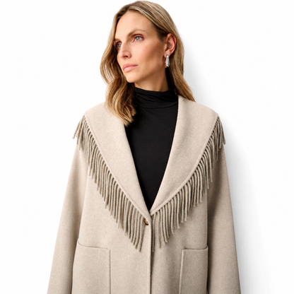 Joseph Ribkoff Wool Blend Shawl Collar Fringed Coat Style 263912