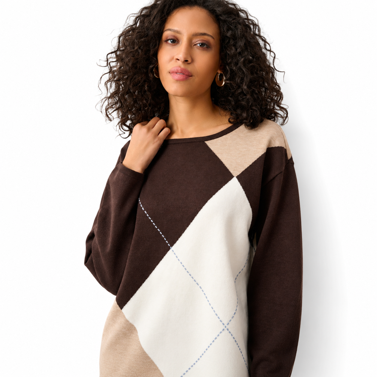 Joseph Ribkoff Brushed Viscose Knit Argyle Pattern Crewneck Sweater