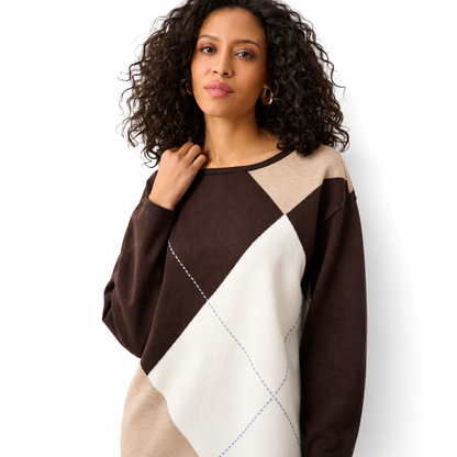 Joseph Ribkoff Brushed Viscose Knit Argyle Pattern Crewneck Sweater