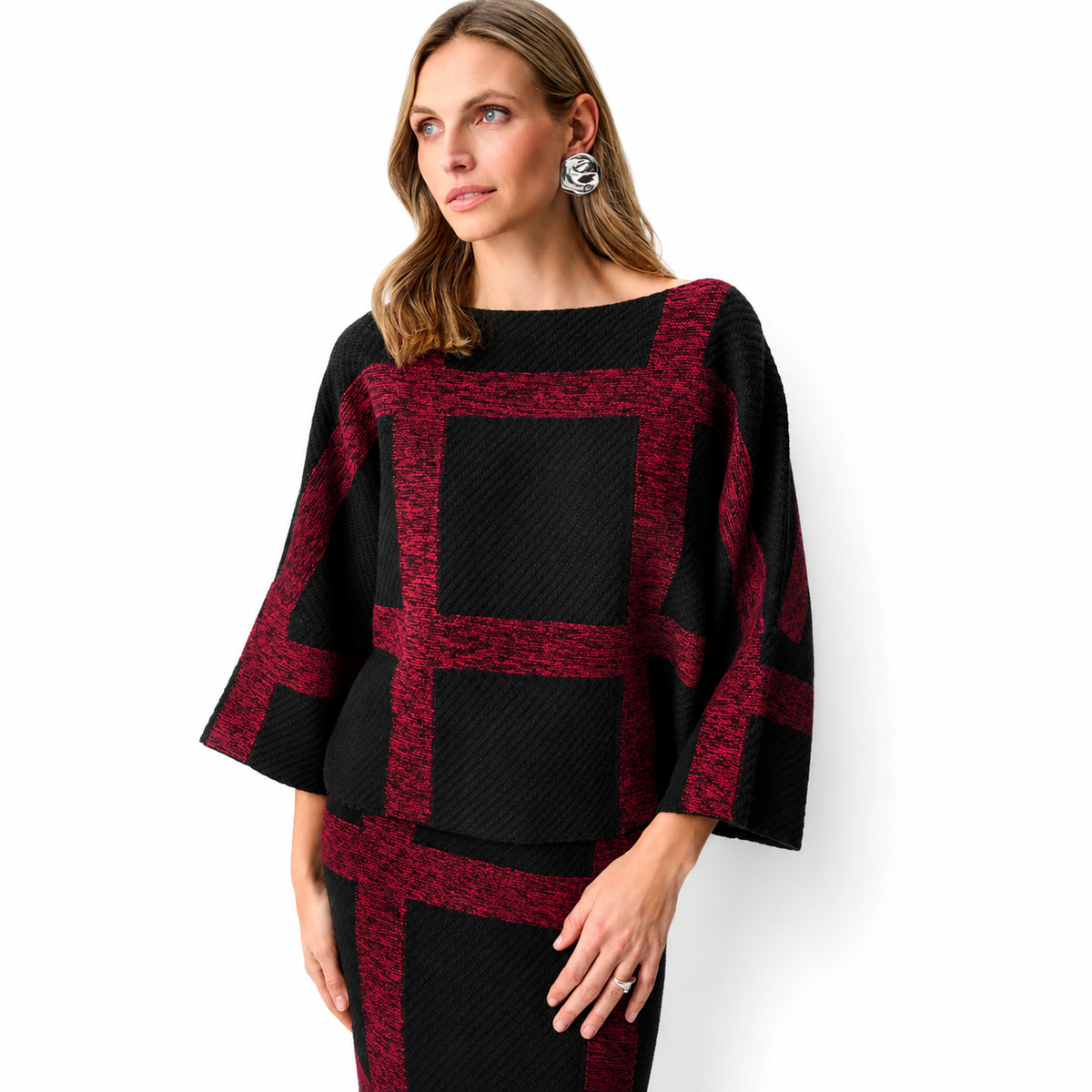 Joseph Ribkoff Brushed Viscose And Nylon Plaid Boat-Neck Sweater