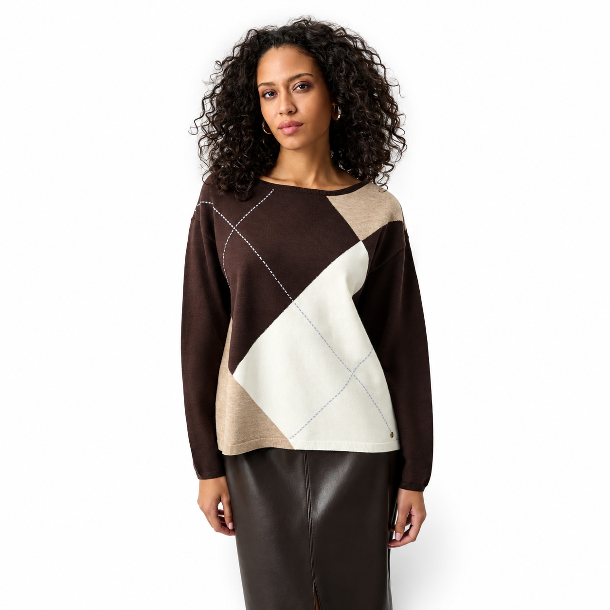 Joseph Ribkoff Brushed Viscose Knit Argyle Pattern Crewneck Sweater